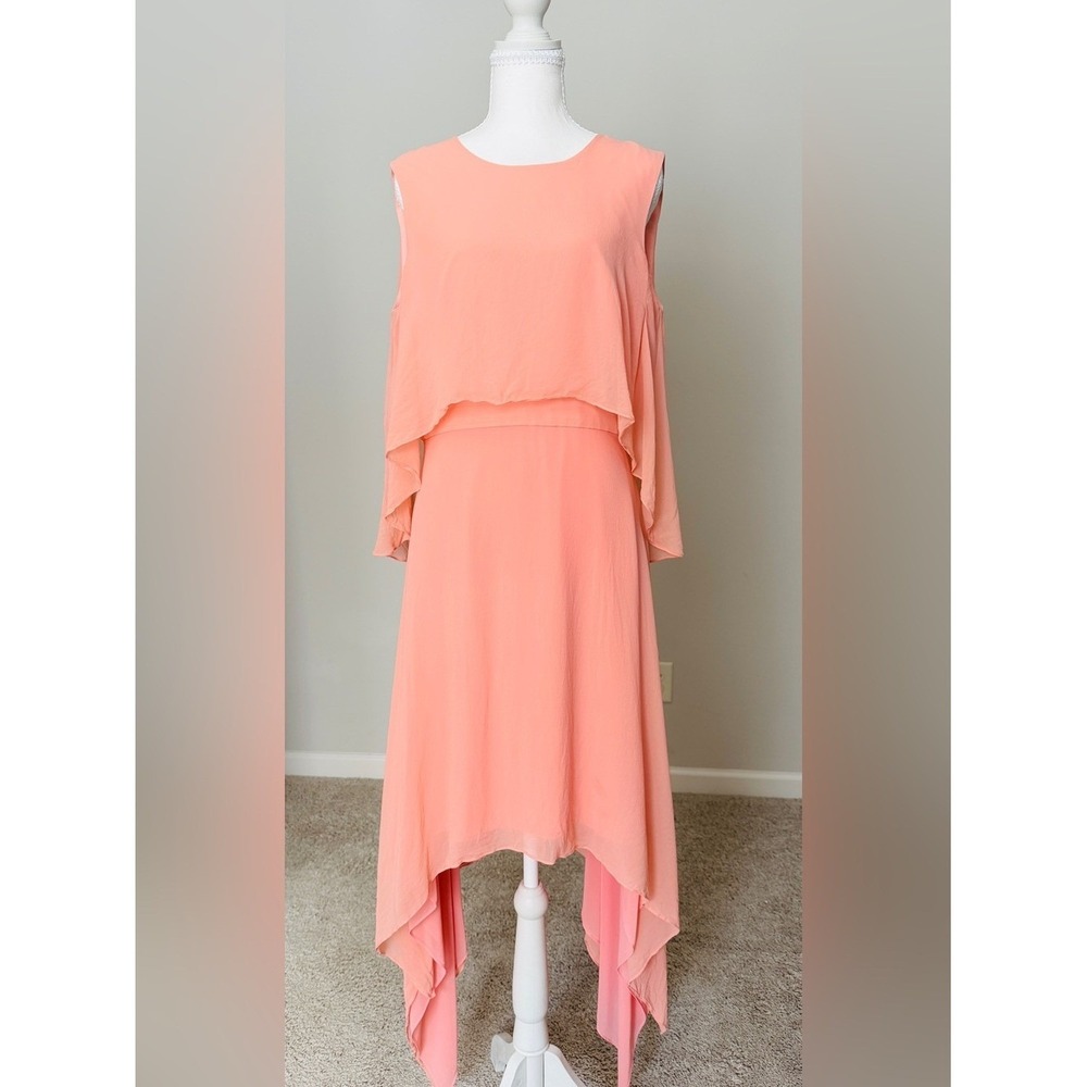 BCBGMaxAzria Peach High-Low Tiered Silk Chiffon Dress
